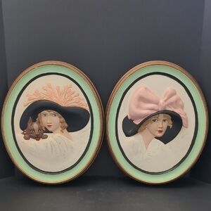 VGT,Duncan Set Of 2 Chalkware Oval Wall Plaques,Cameo Ladies.